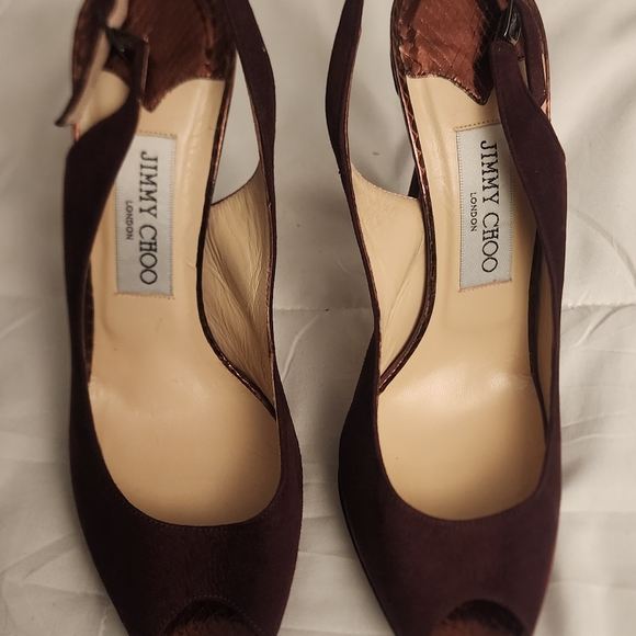Jimmy Choo 7.5 Stiletto Open Toe Platform Shoes Brown Suede - Picture 5 of 6